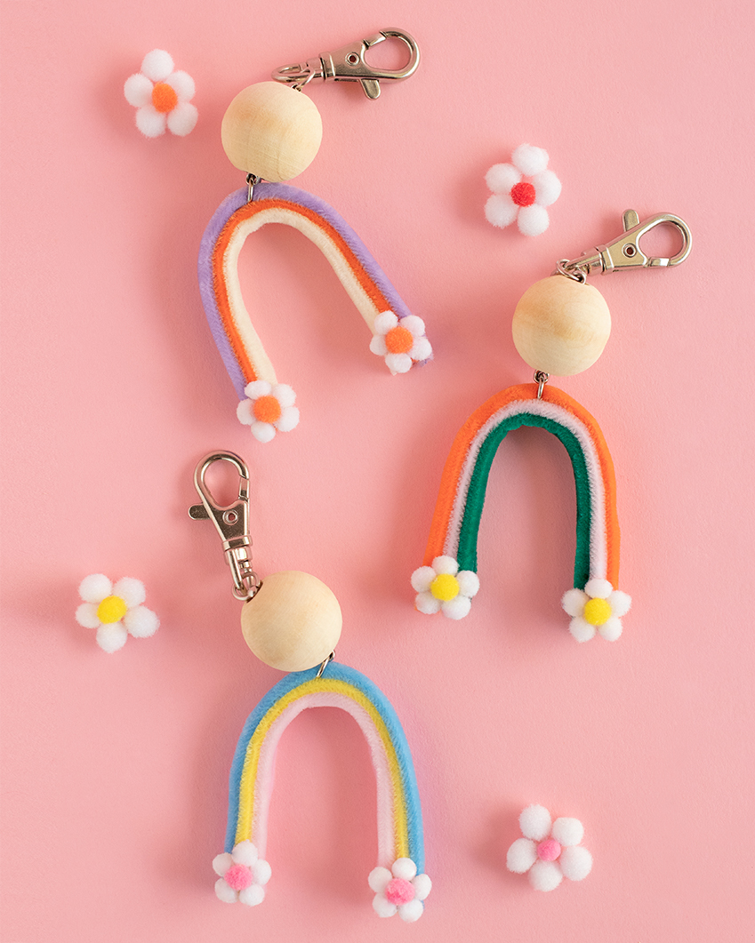 Rainbow keychains styled together.